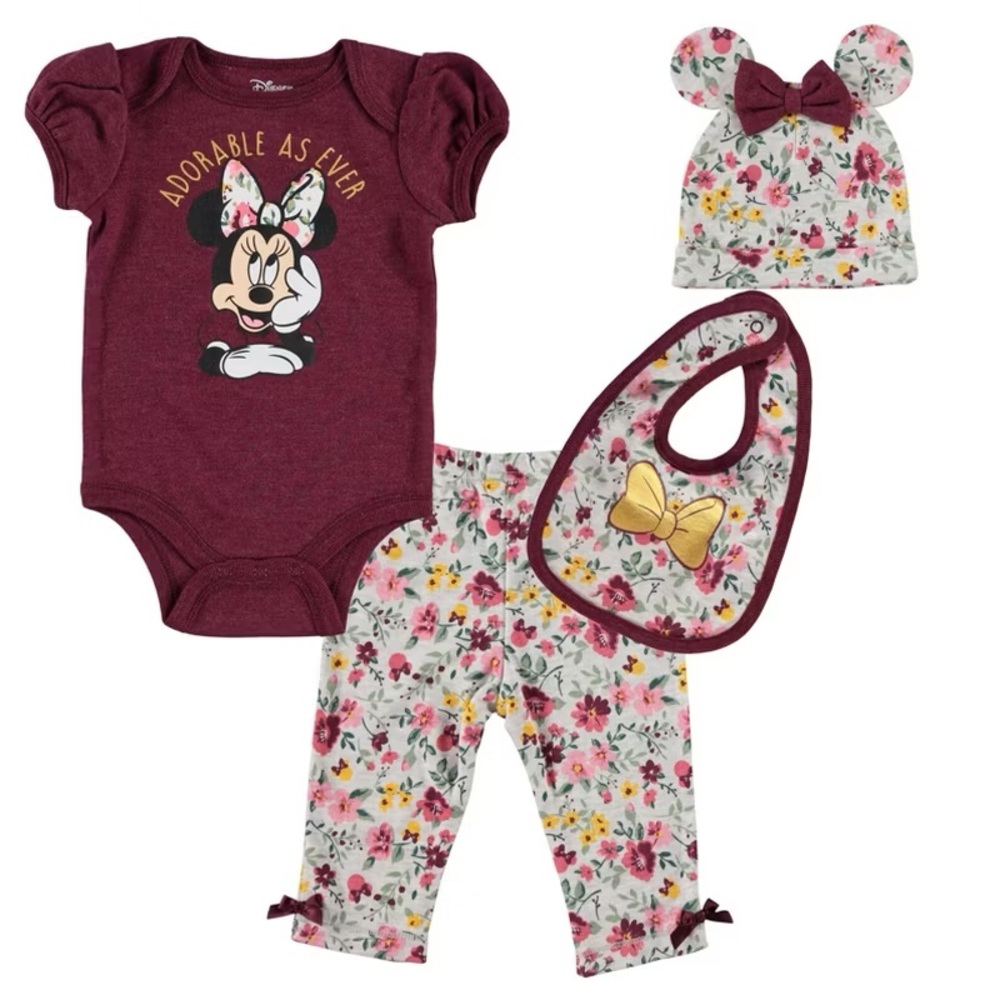 Disney Minnie Mouse Baby Girls Bodysuit Pants Bib Hat 4 Piece Outfit Set